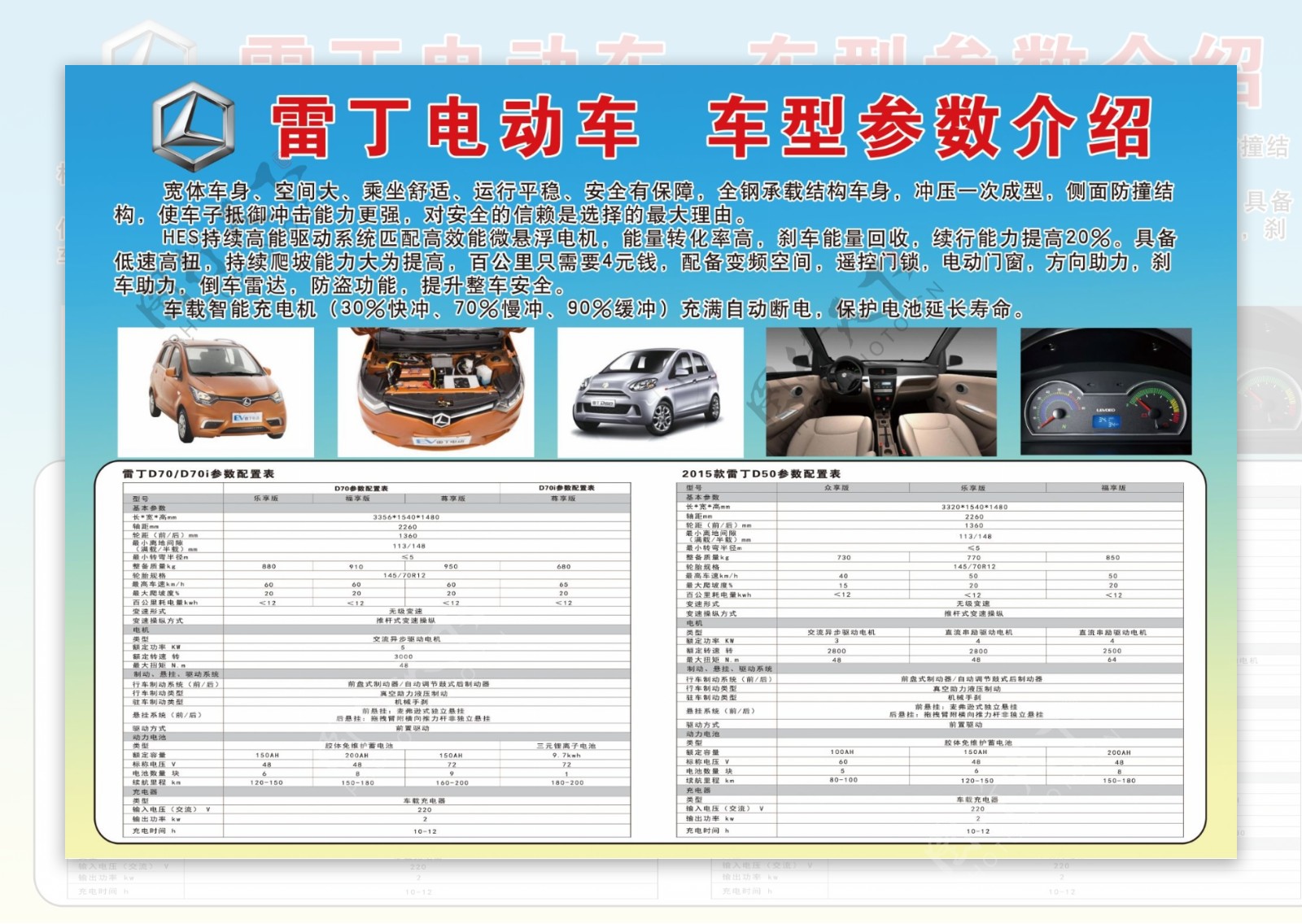 雷丁电动汽车D50D70参数配置表