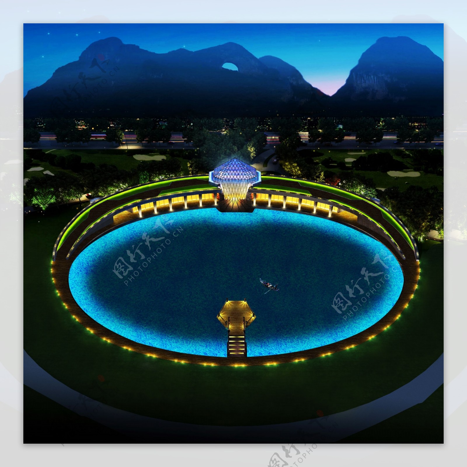 酒店水池夜景亮化效果图