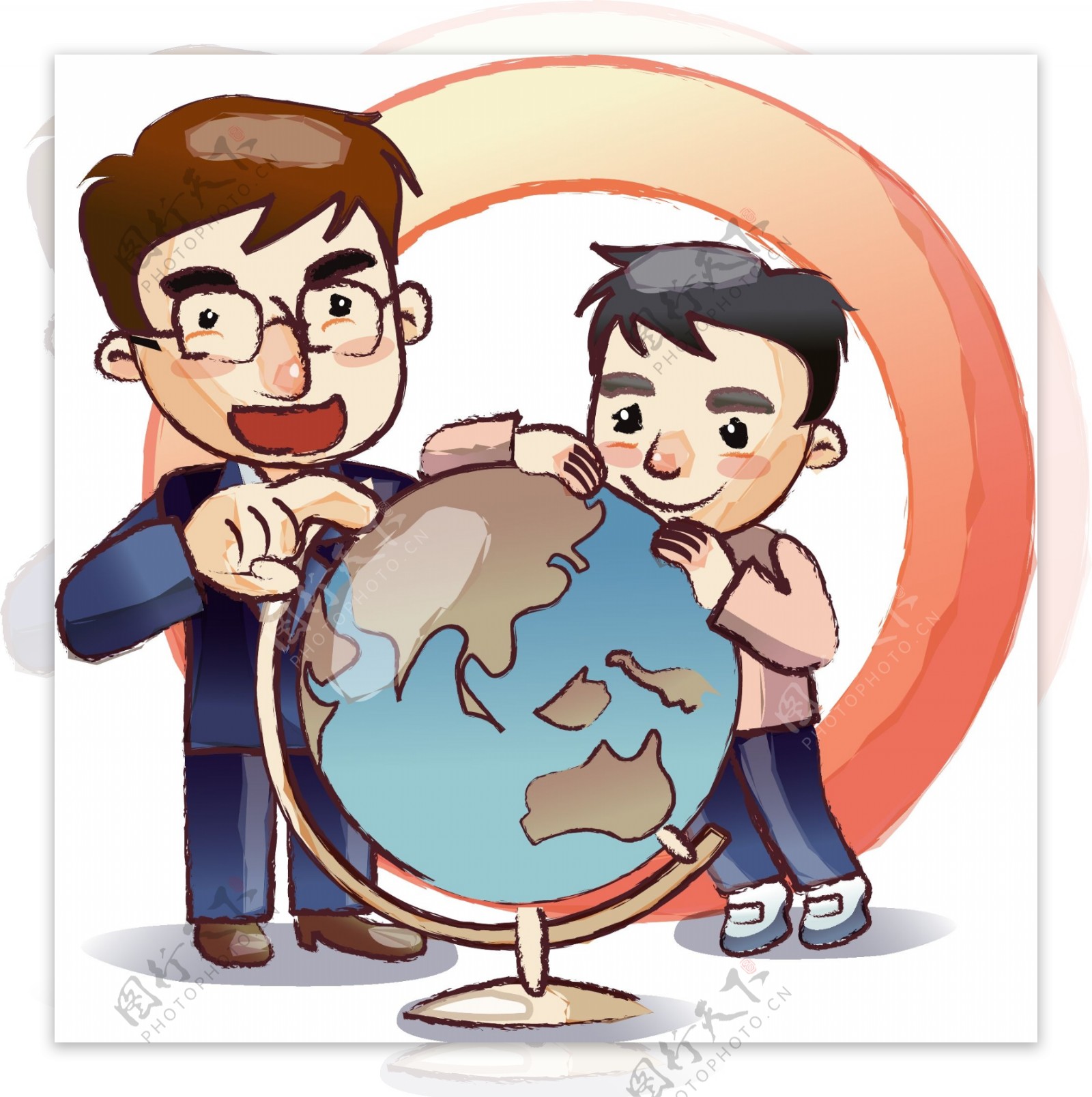 老师和学生抱着地球仪讲地理