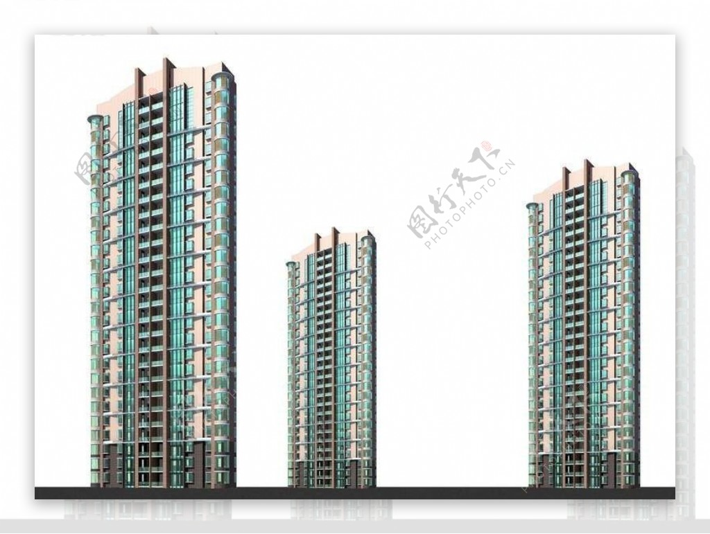 三栋现代高层板式住宅楼模型