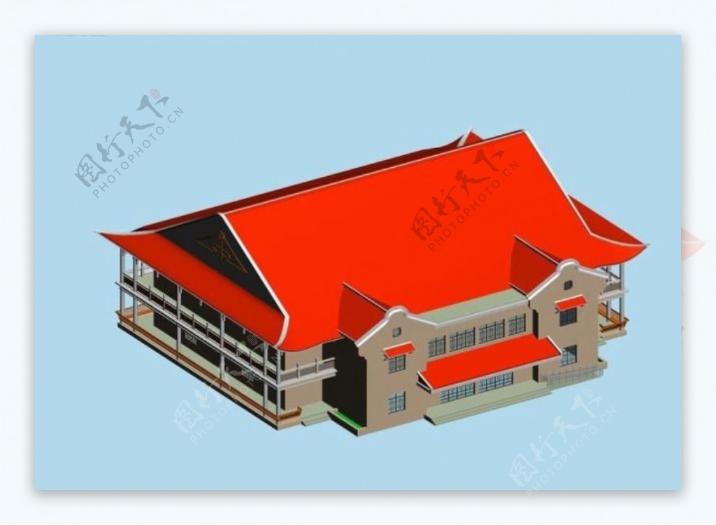 红顶立檐风格建筑群3D模型图