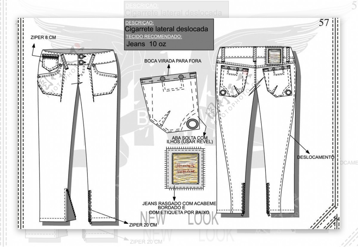 牛仔裤设计手稿脚口开拉链图片