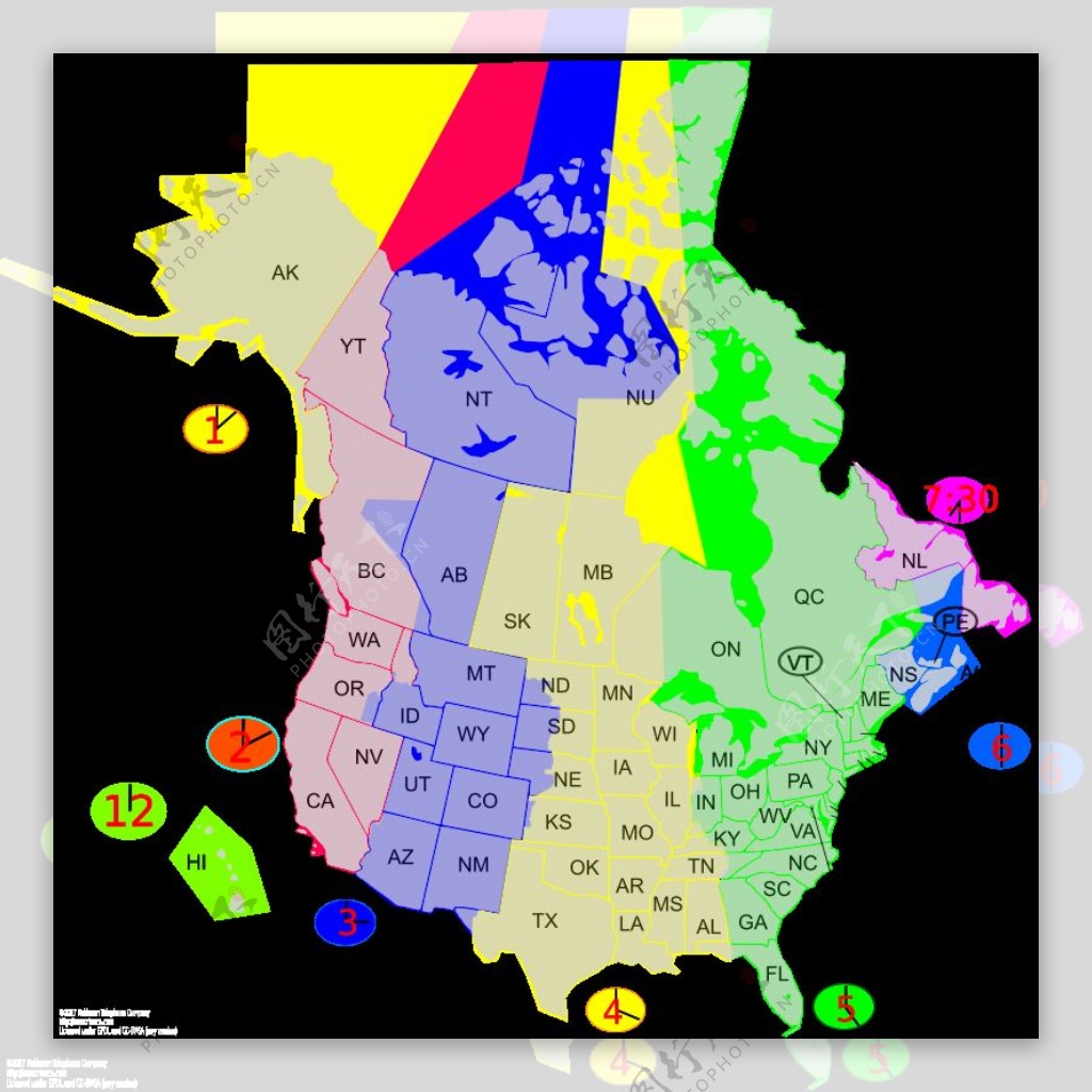 美国加拿大时区地图