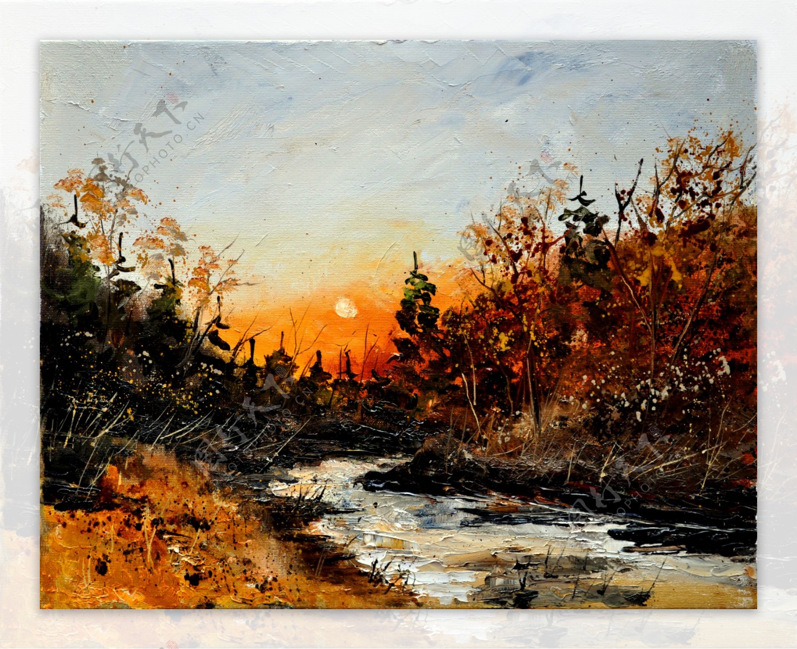 油画夕阳河流图片