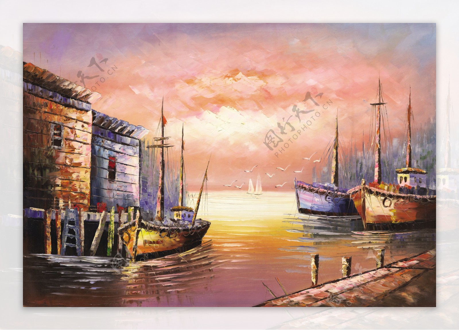 港湾码头小船欧美风景油画无框画装饰画