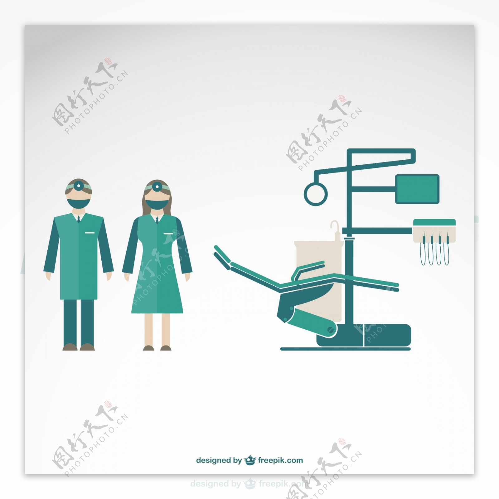 牙医与牙科综合治疗机矢量素材