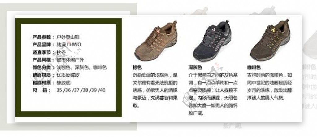 不同鞋子的产品信息