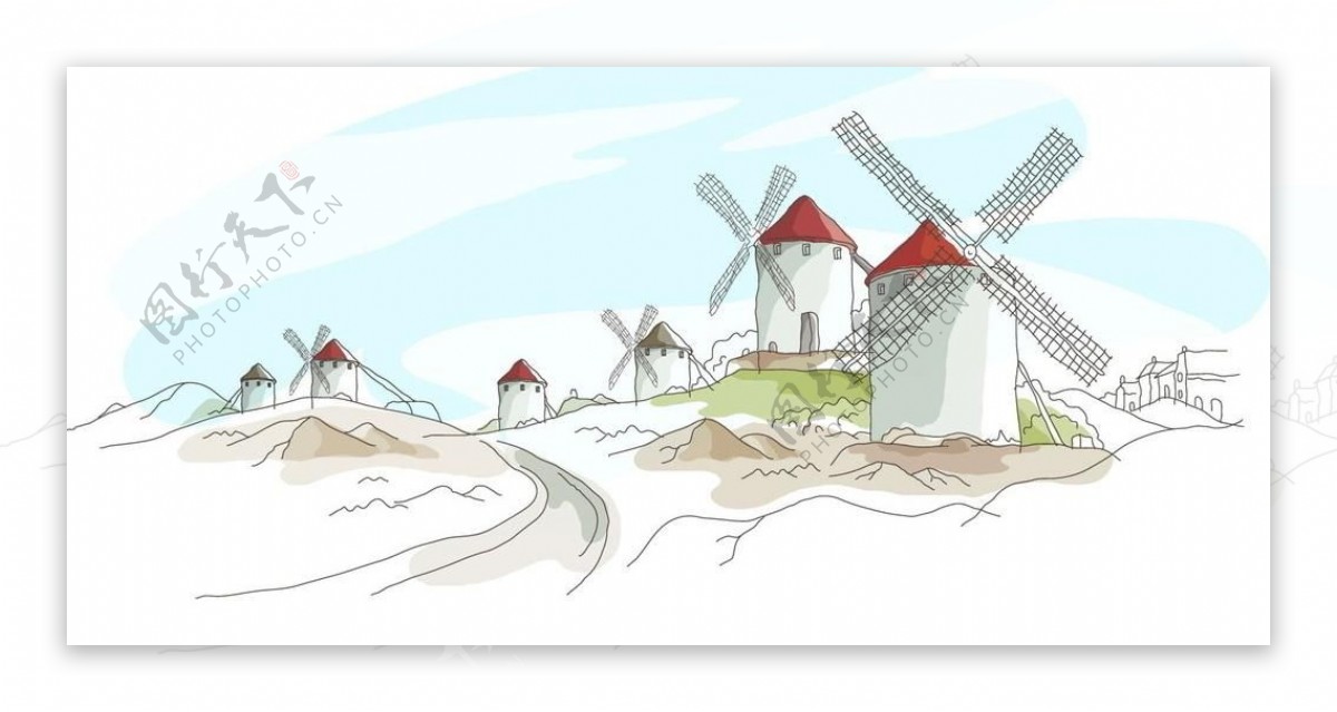 手绘节能低碳风车发电的村庄图片