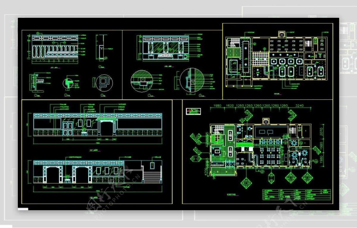 中式餐厅全套装修CAD设计图纸