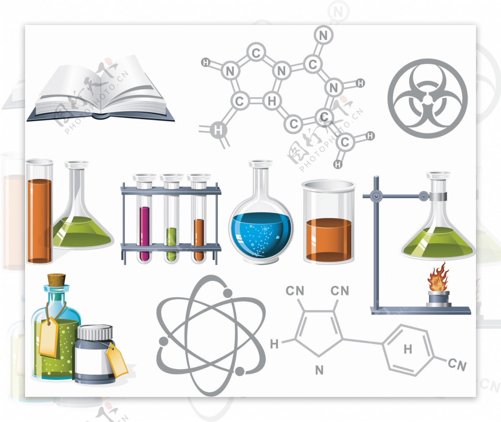 化学实验器皿以及书籍分子式素材