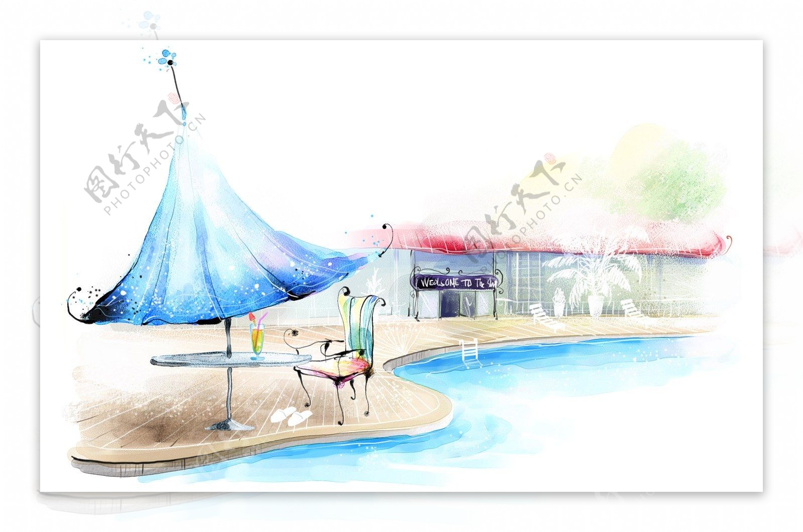 韩风手绘水彩插画夏天泳池