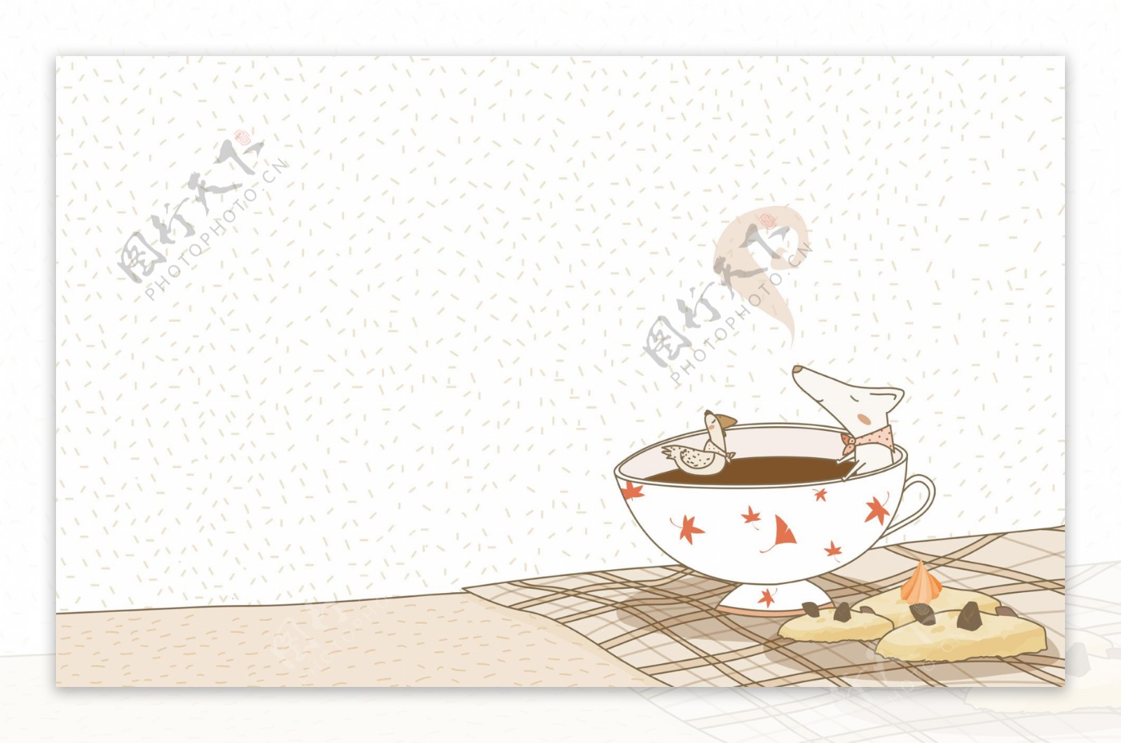 小狗小鸡在碗里快乐洗澡淡彩手绘风格插画