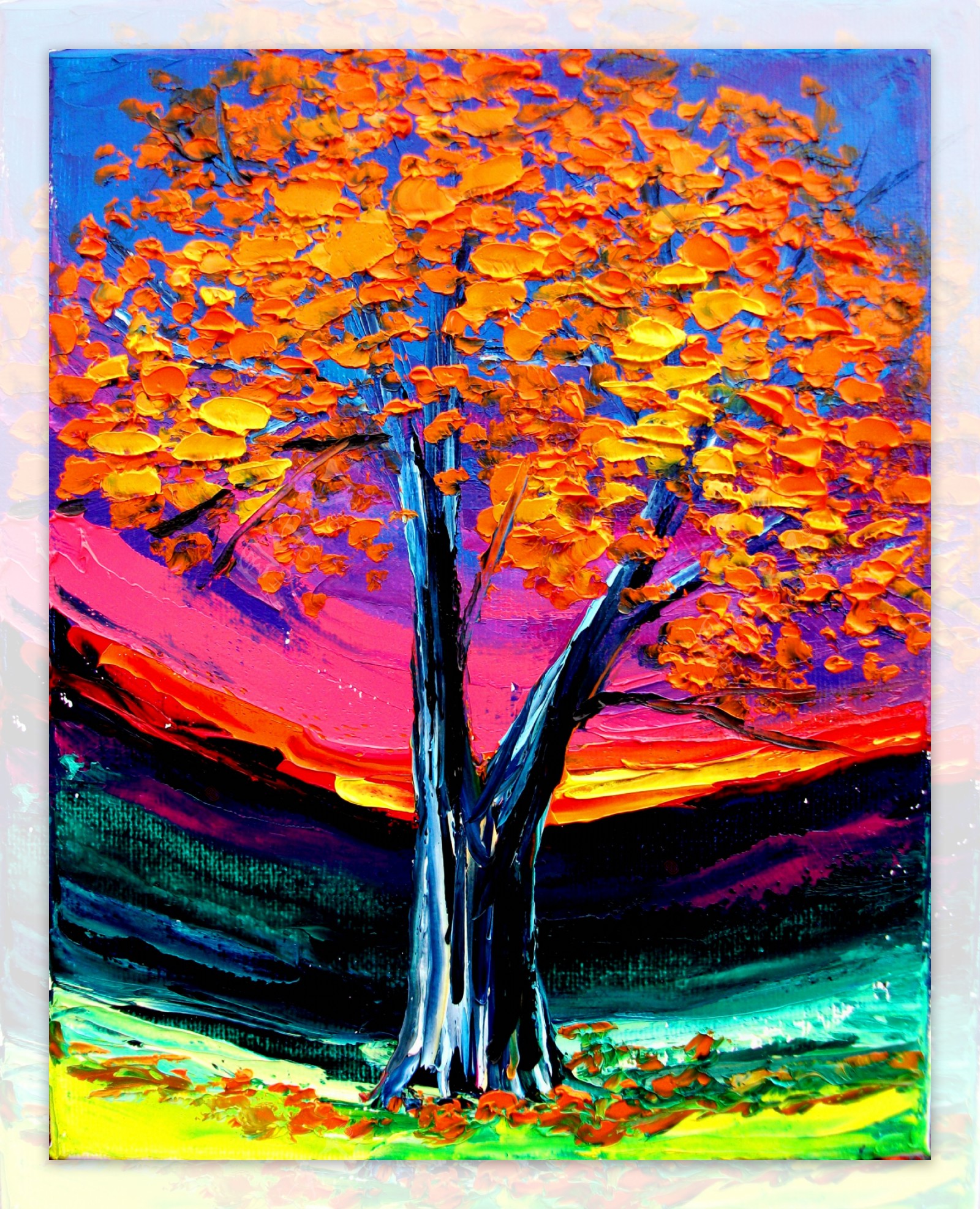 油画秋天树木图片