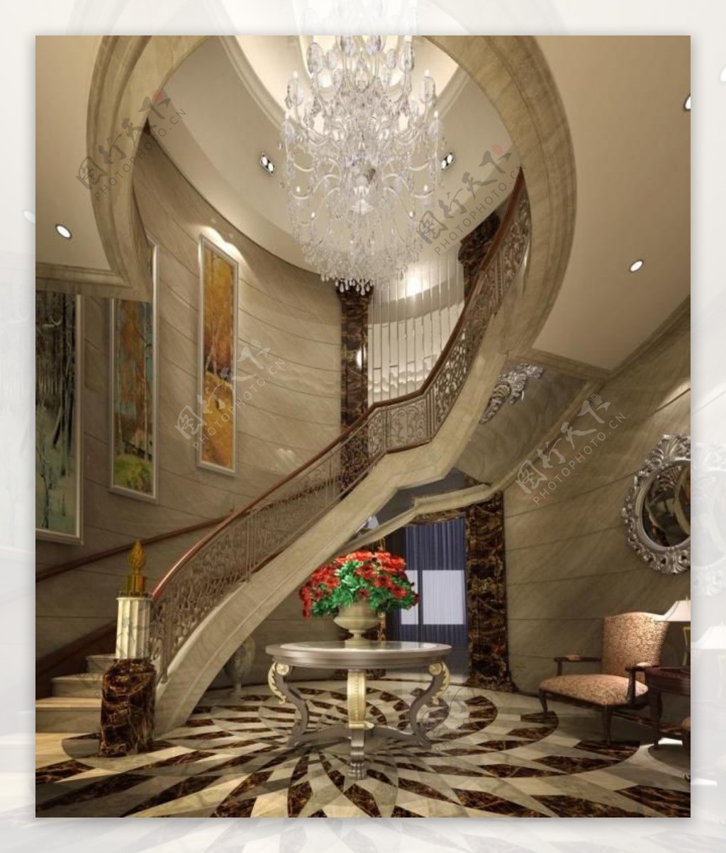 某欧式风格别墅园厅旋梯室内设计效果图图片