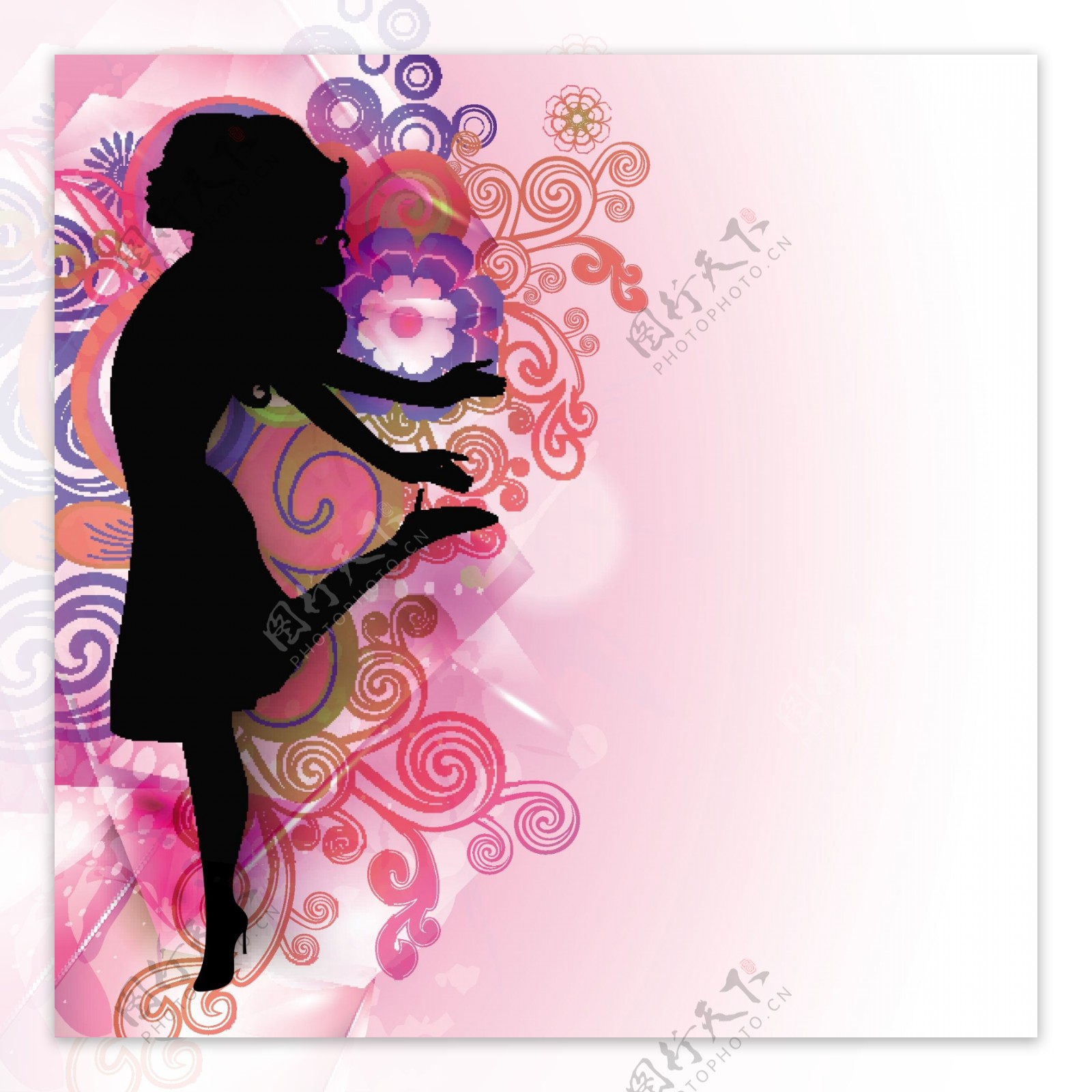 三八妇女节贺卡或海报用花装饰粉红色背景的快乐女孩的轮廓设计