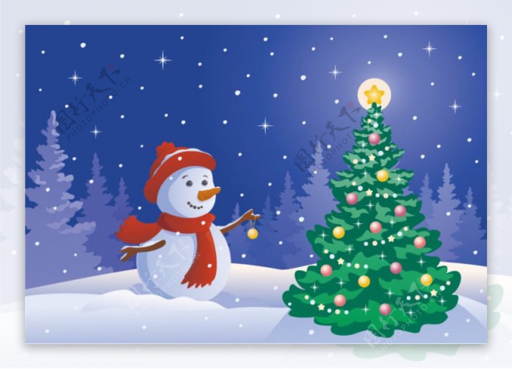 卡通圣诞雪人与圣诞树矢量素材