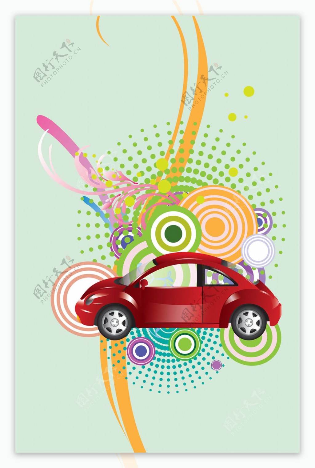 红色小汽车与装饰图案绿色圆点各色圆圈