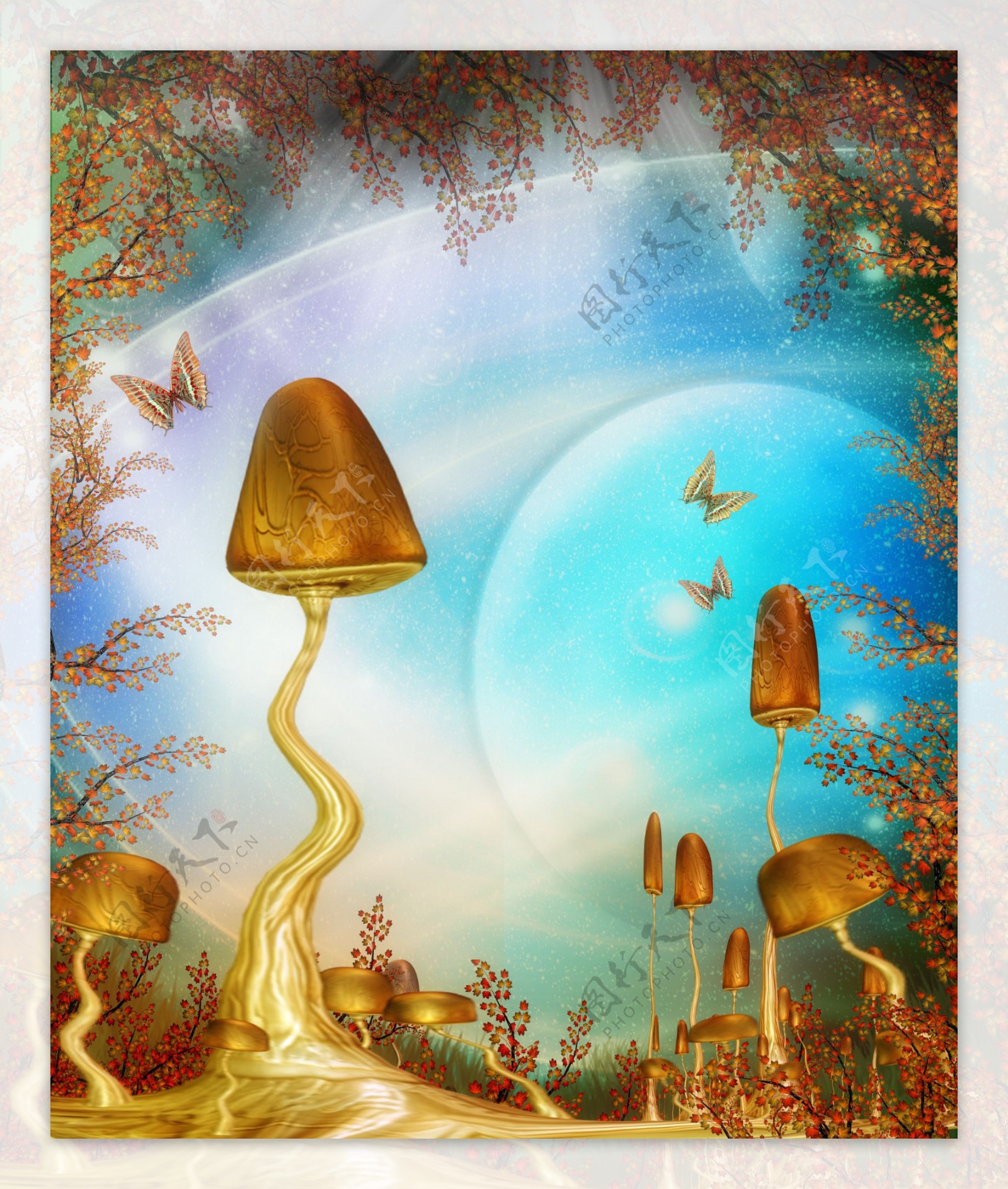 童话背景影楼背景蘑菇蝴蝶红叶图片