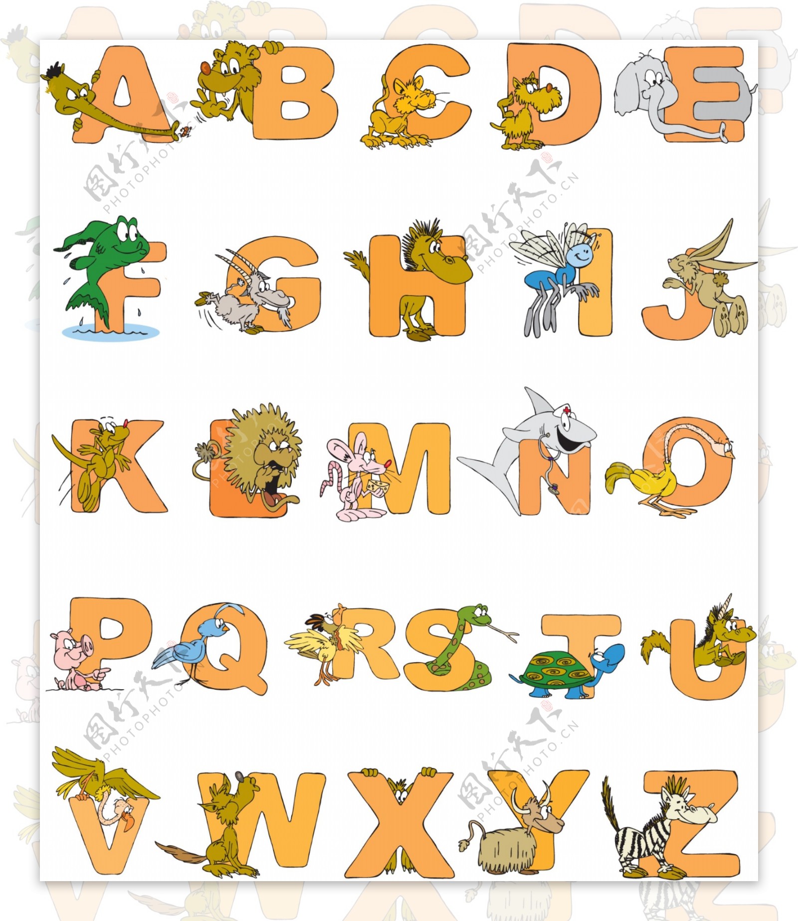 卡通动物字母设计矢量图