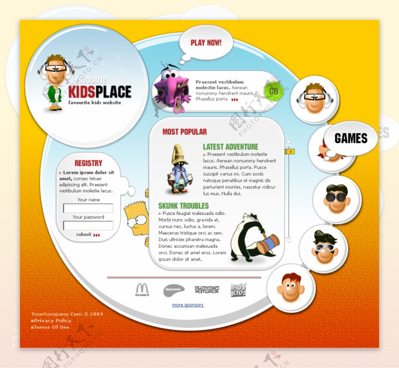 欧美卡通酷秀流行网页设计橙色网站模板图片