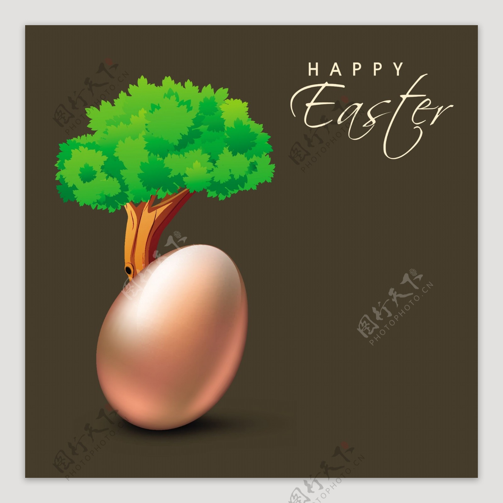 复活节快乐的背景或卡在绿色背景下树闪闪发亮的铜蛋