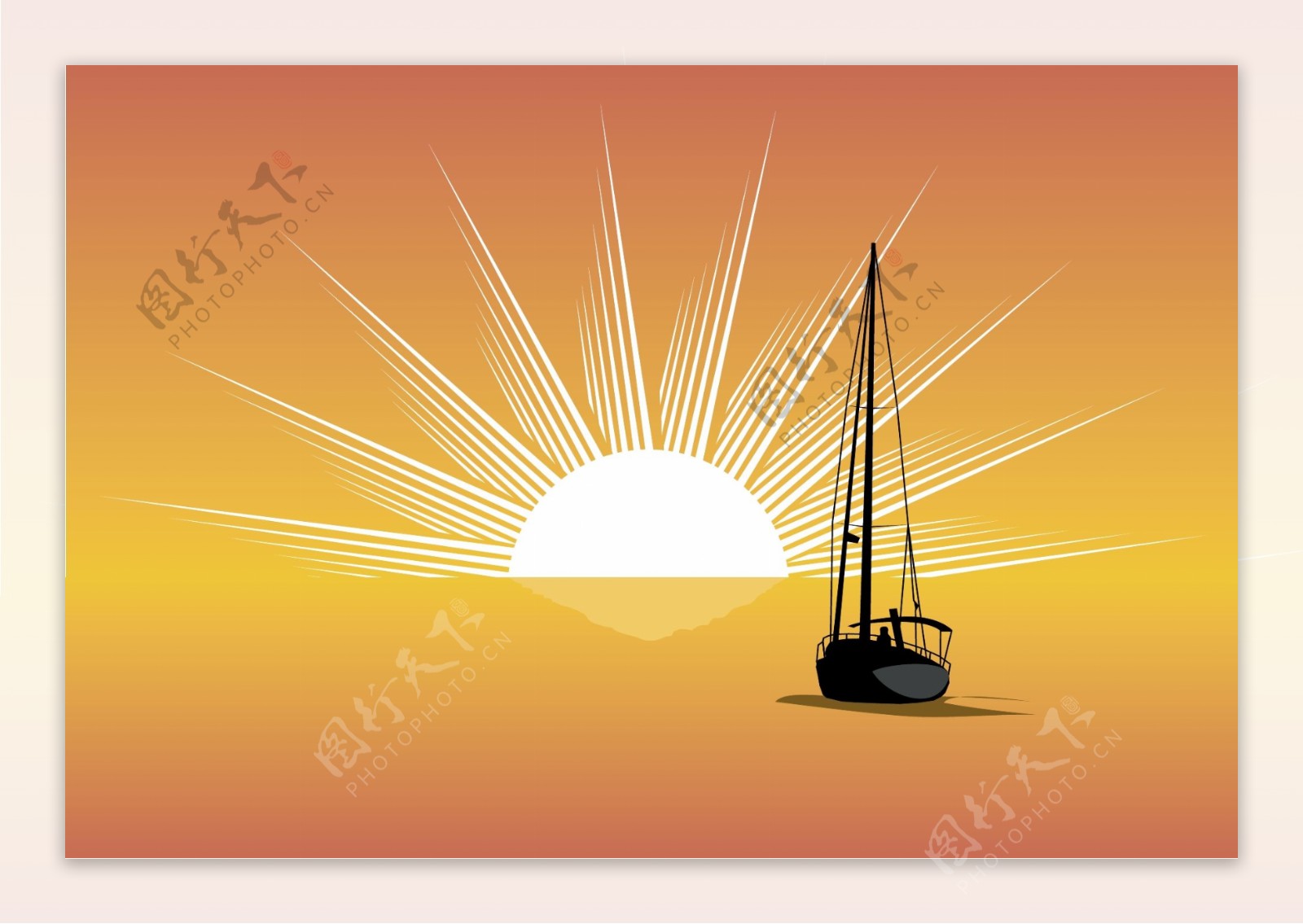 海上日落帆船剪影矢量素材