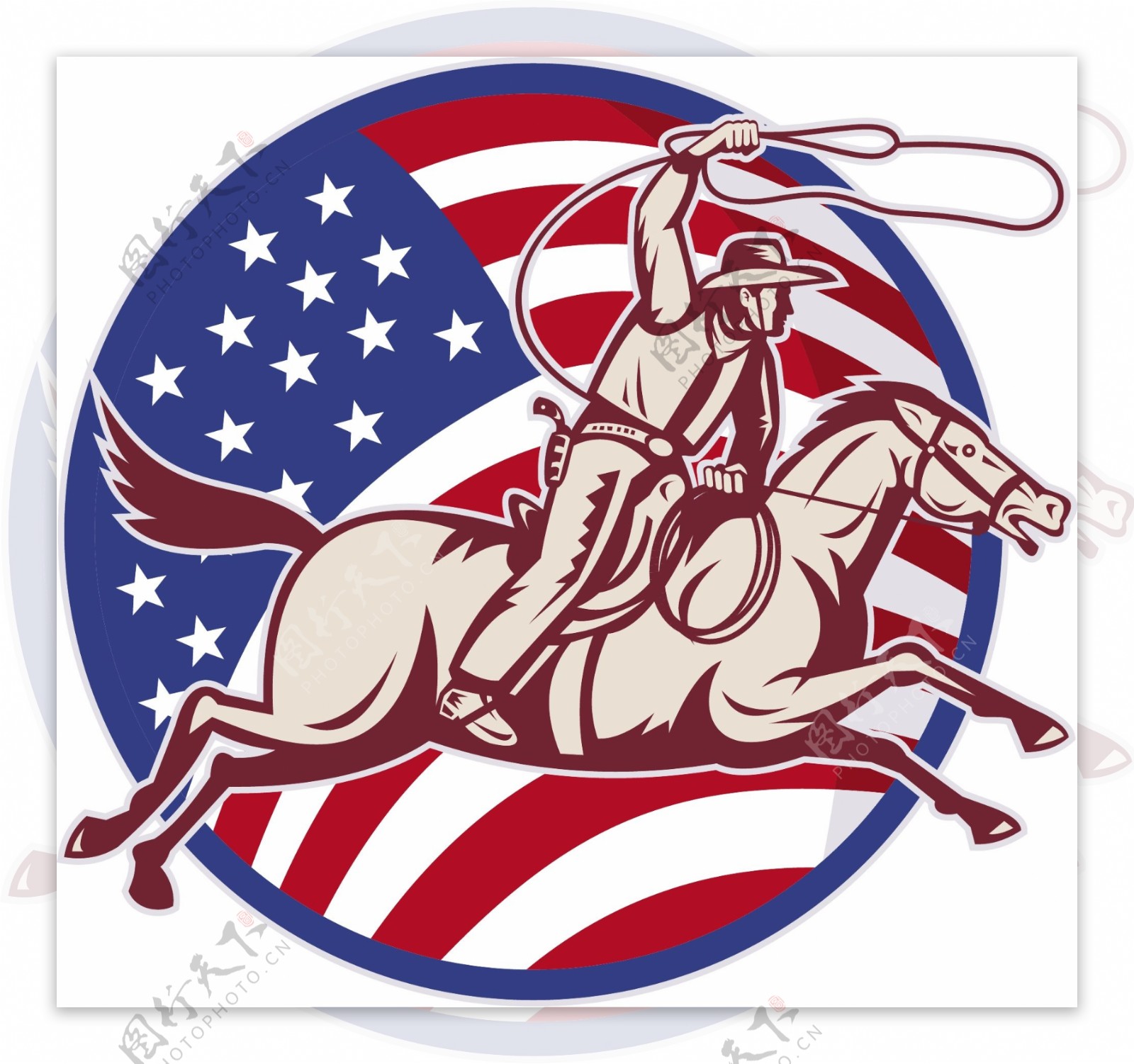 牛仔套索和美国国旗骑马