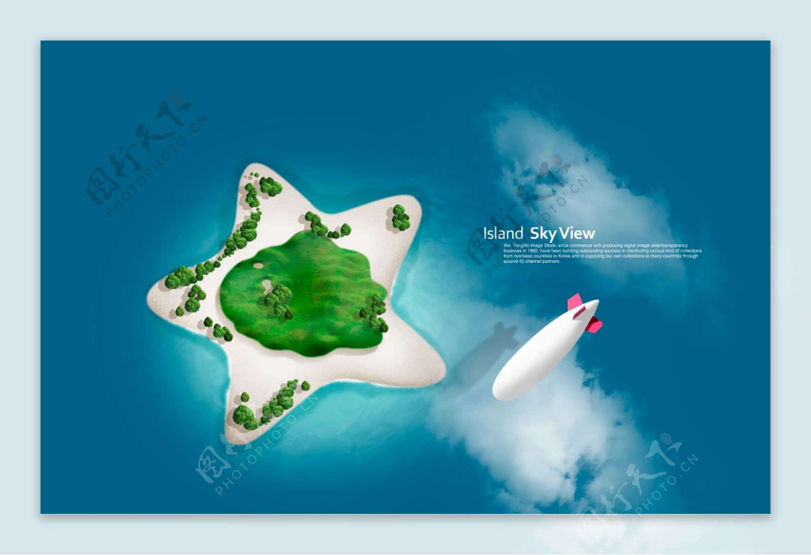 飞艇和五角形岛屿鸟瞰图素材