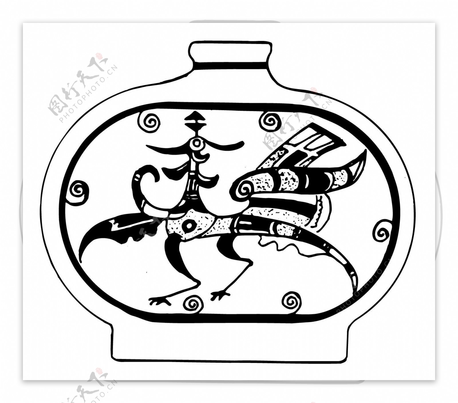 印花矢量图古代铜刻器皿黑白色抽象免费素材