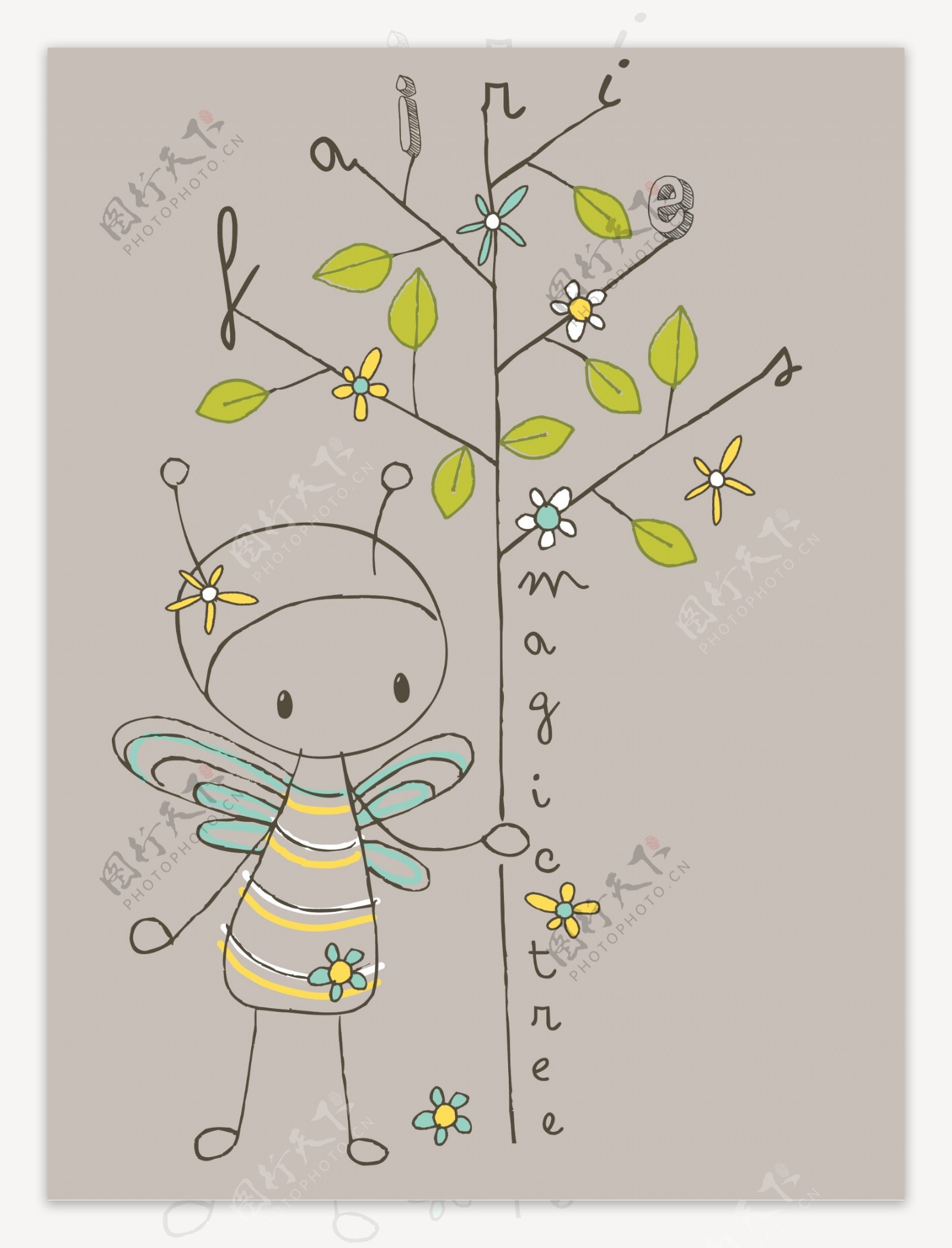 印花矢量图小蜜蜂树苍黄色其他免费素材