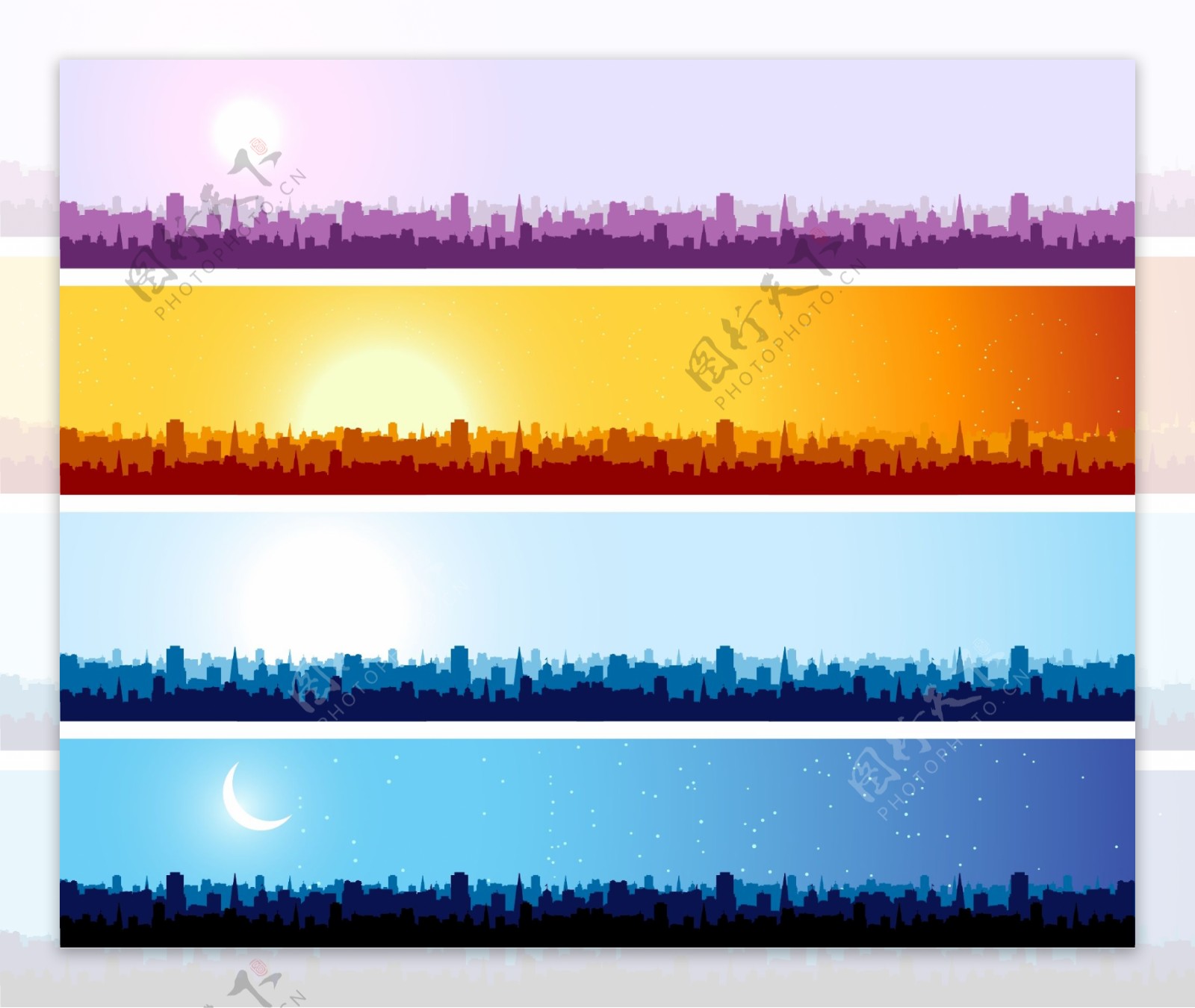 城市剪影banner矢量素材的几个不同的色调