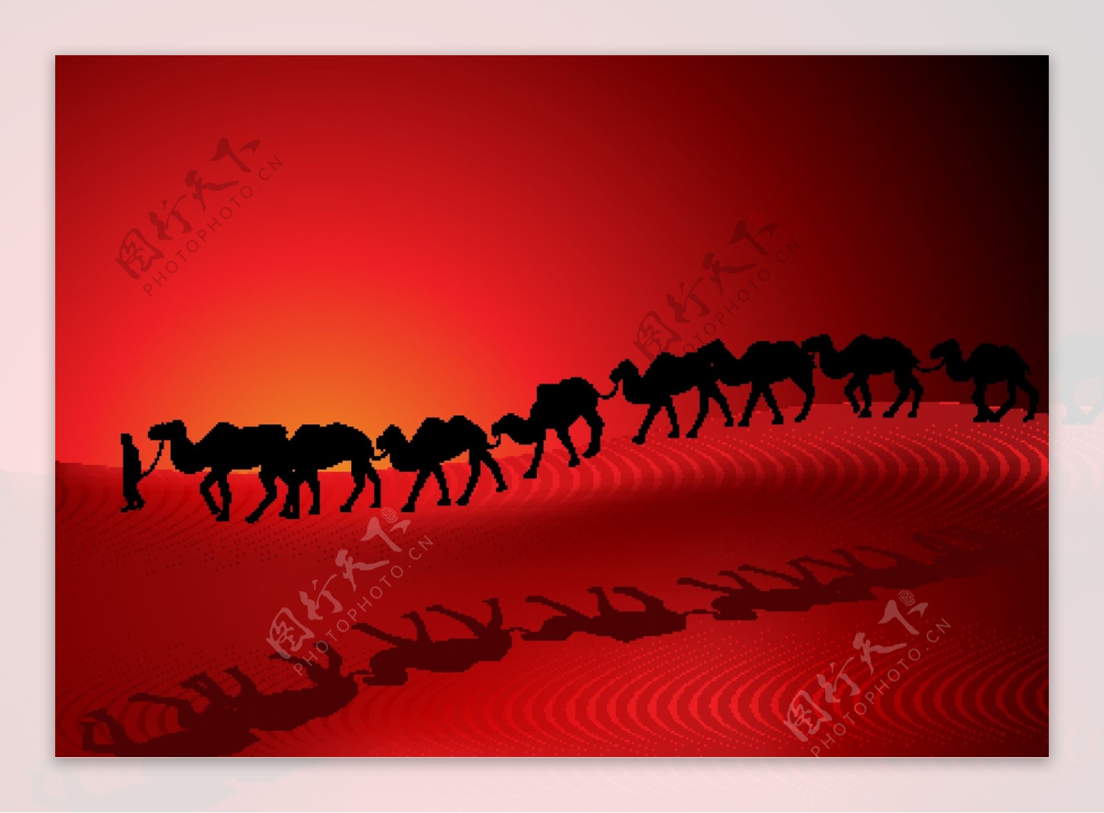 骆驼沙漠商队夕阳的剪影红色背景矢量
