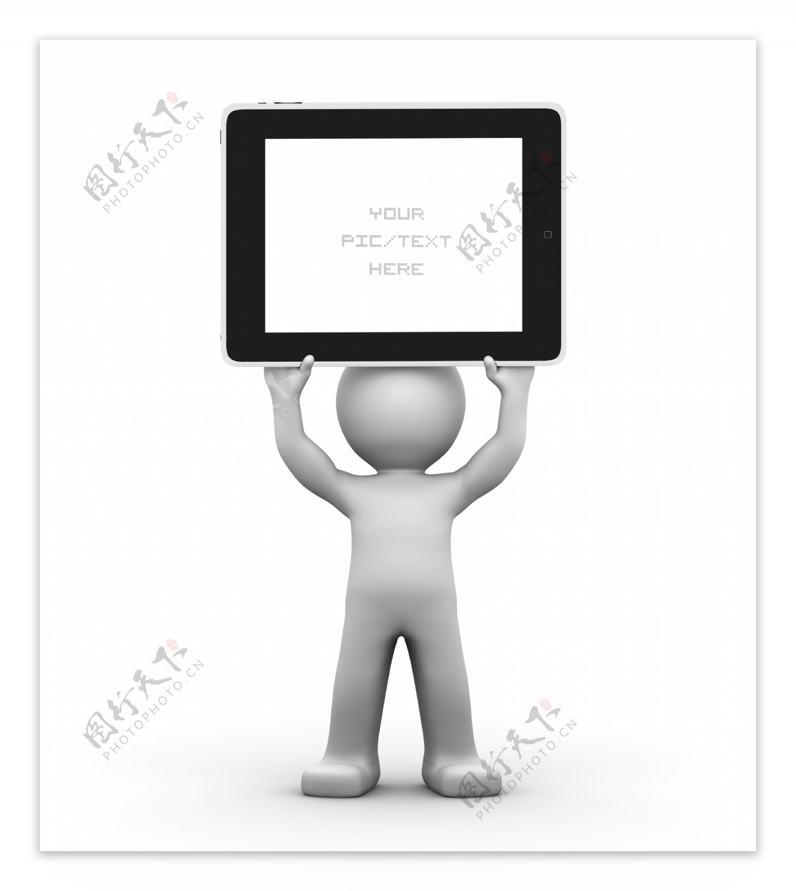 3D人物举行一个空白的平板电脑广告的概念
