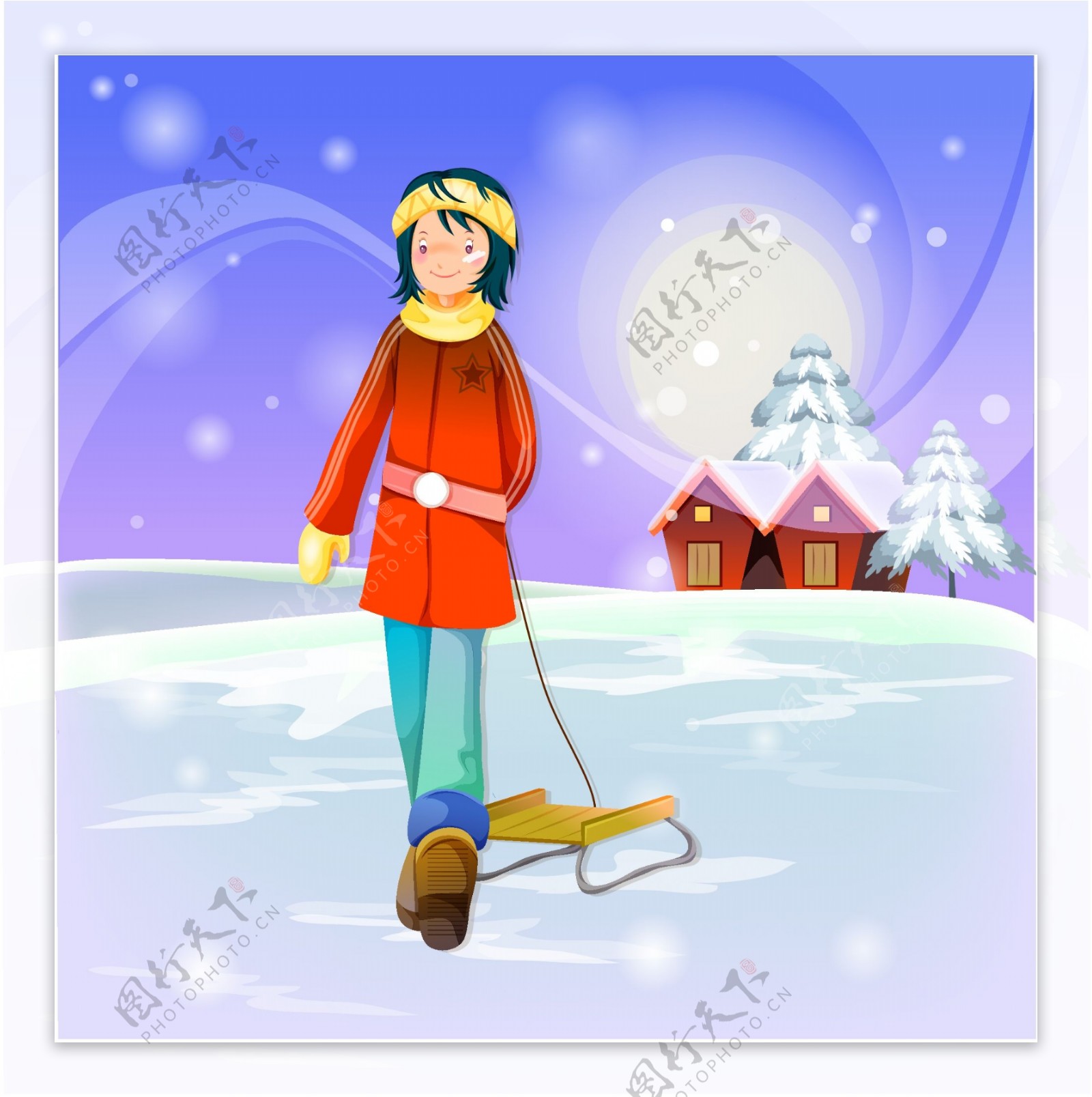 女孩在雪地里拖着雪橇图片