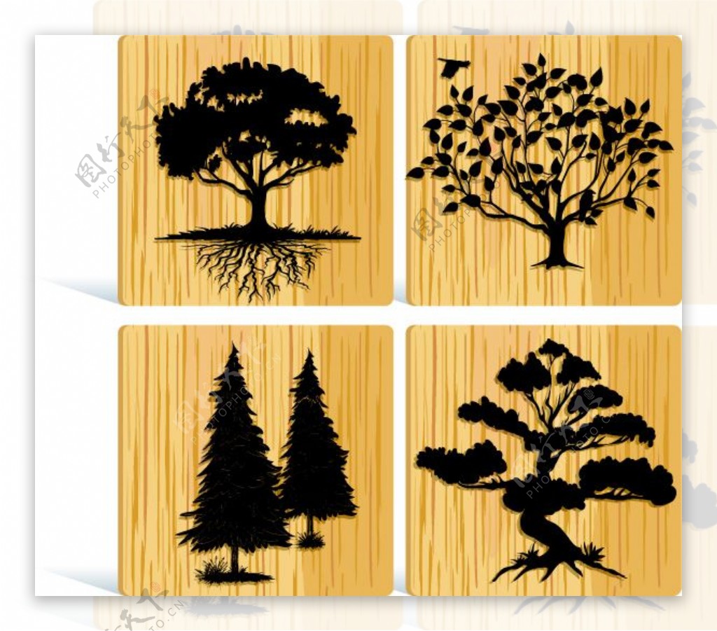 4棵树木剪影矢量素材