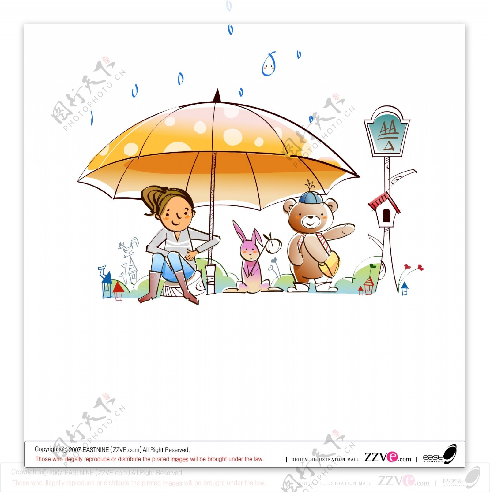雨伞下的小女孩矢量插画高清AI源文件下载