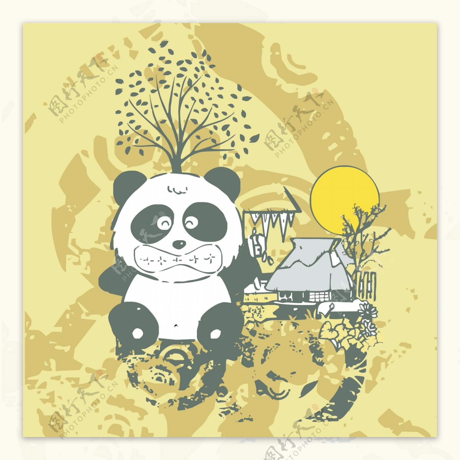 印花矢量图可爱卡通卡通动物熊猫树免费素材