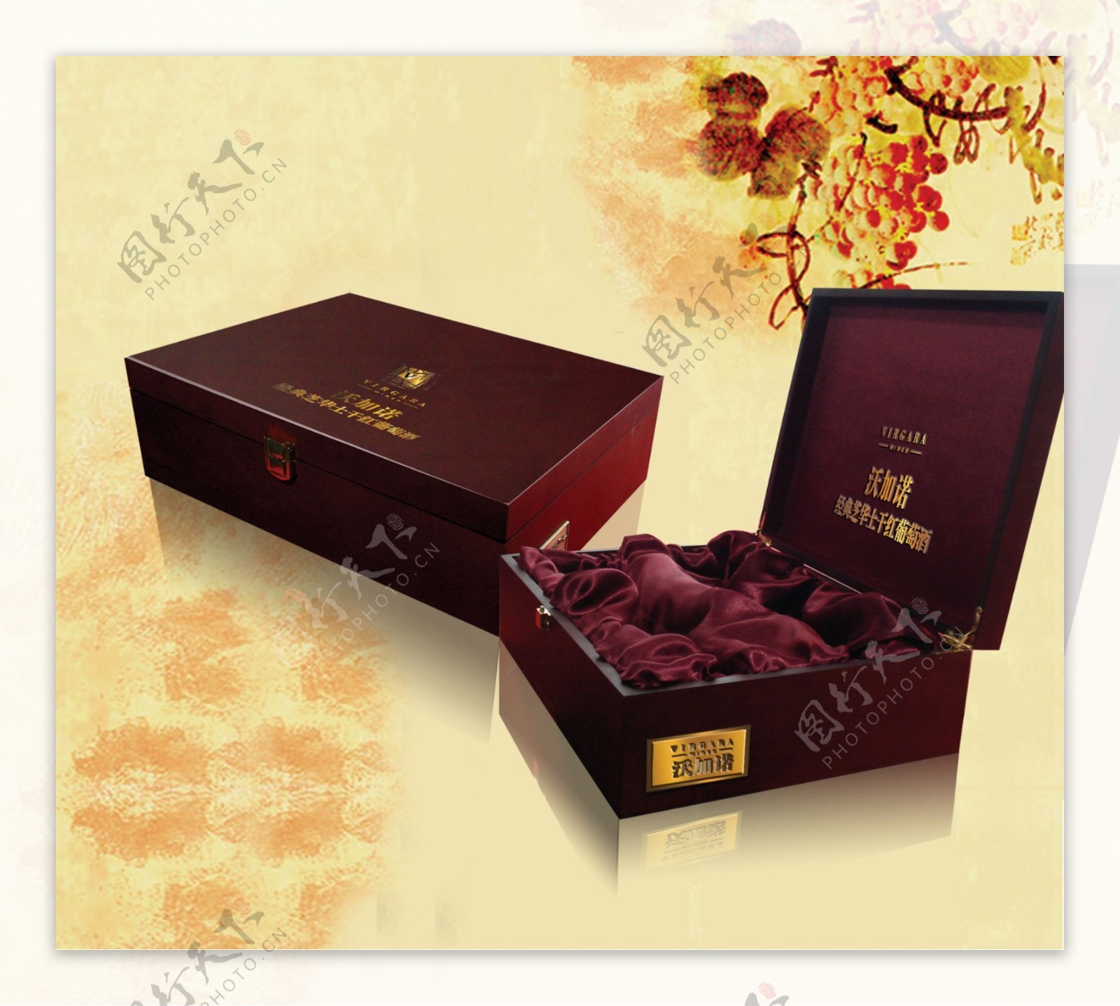 红酒包装木盒标志葡萄背景广告设计模板包装设计