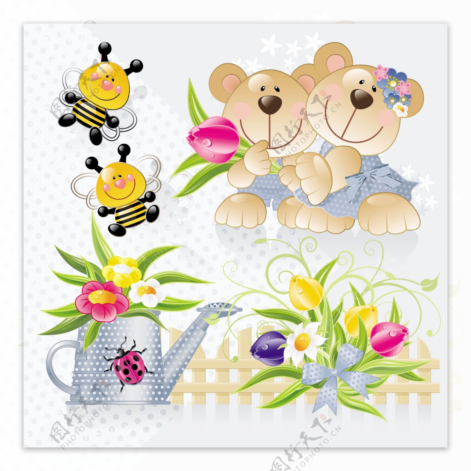 蜜蜂小熊鲜花背景图片