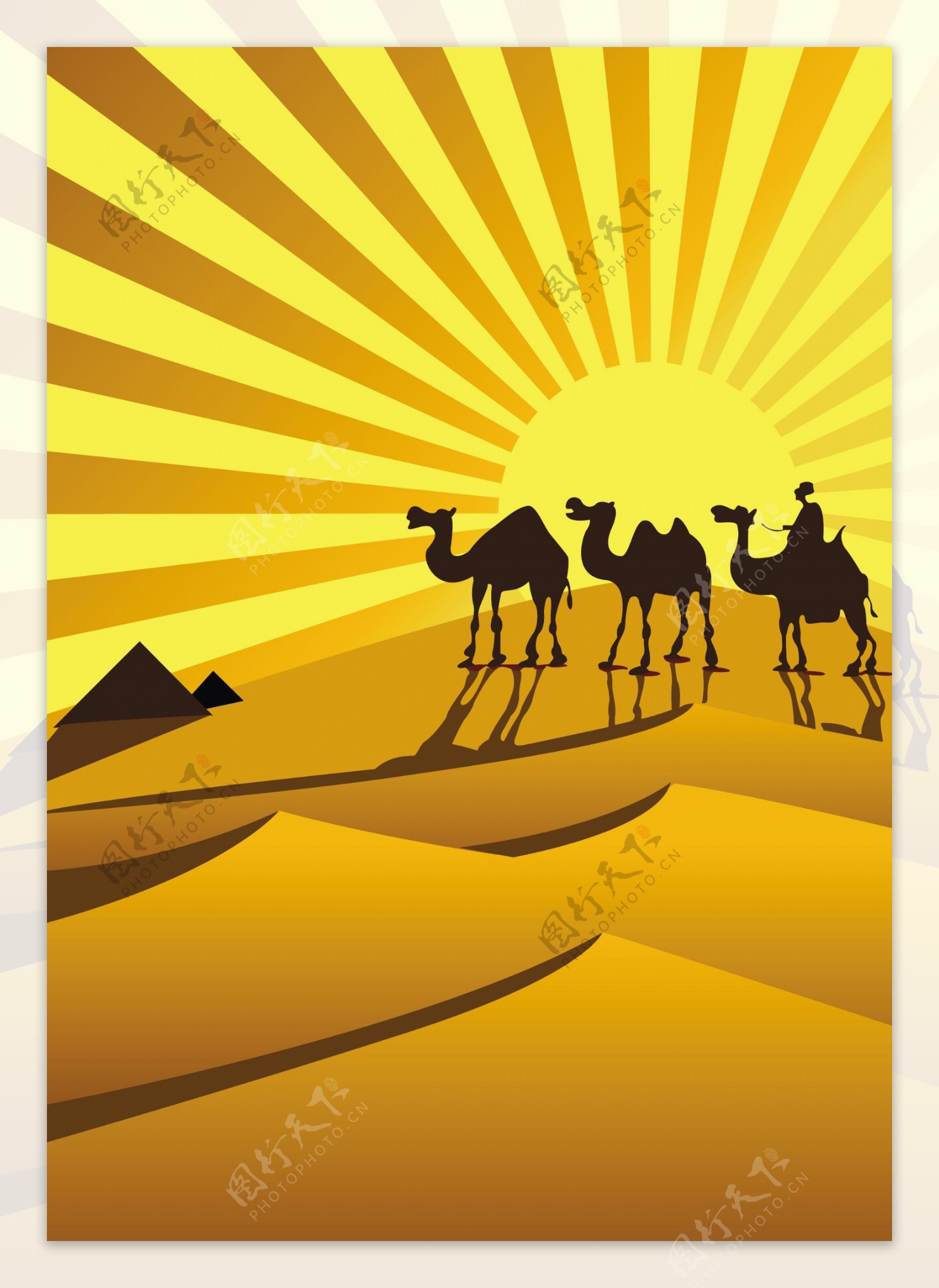 在金色的沙漠骆驼剪影矢量素材