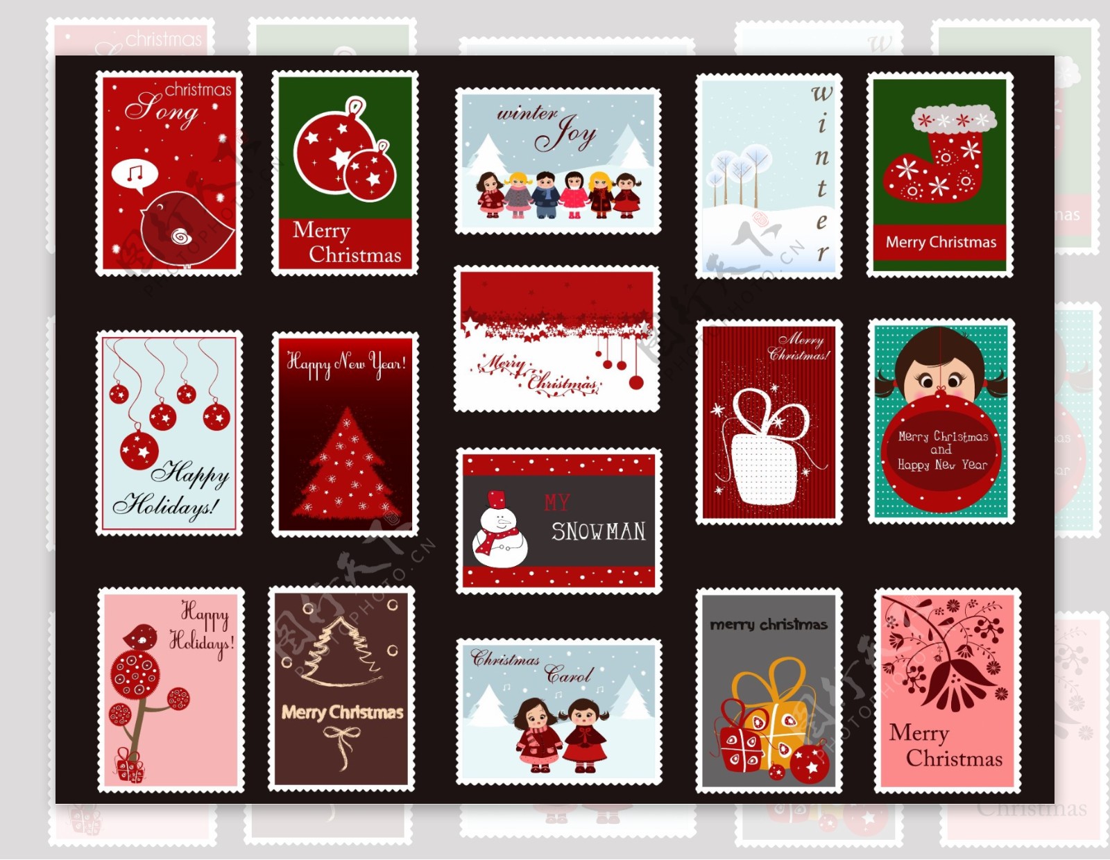 精美的圣诞饰品邮票向量