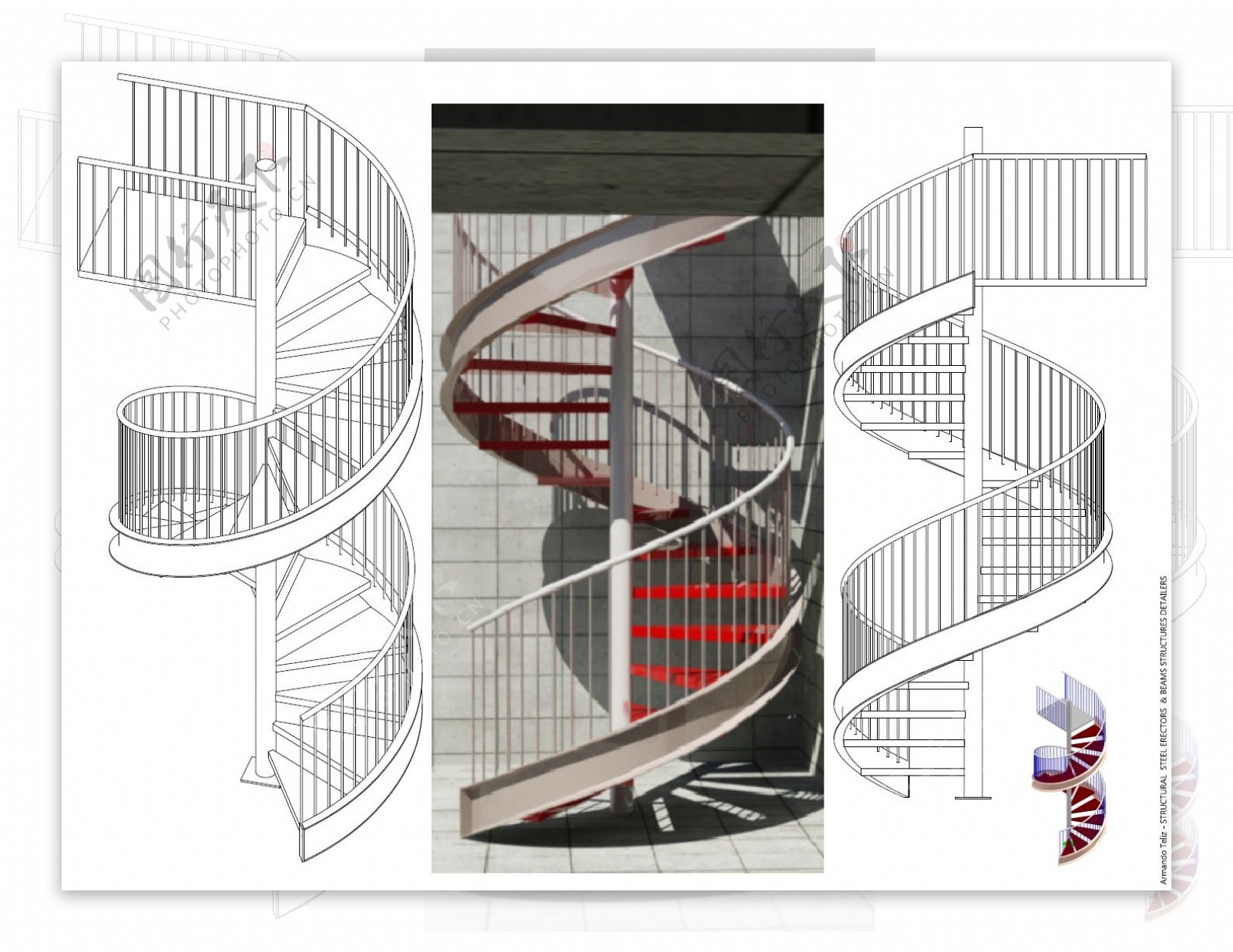 螺旋钢楼梯剖面的2D3D和渲染