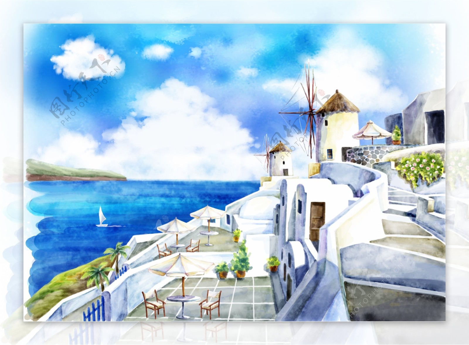 晴空夏日海滩城堡手绘插画图片
