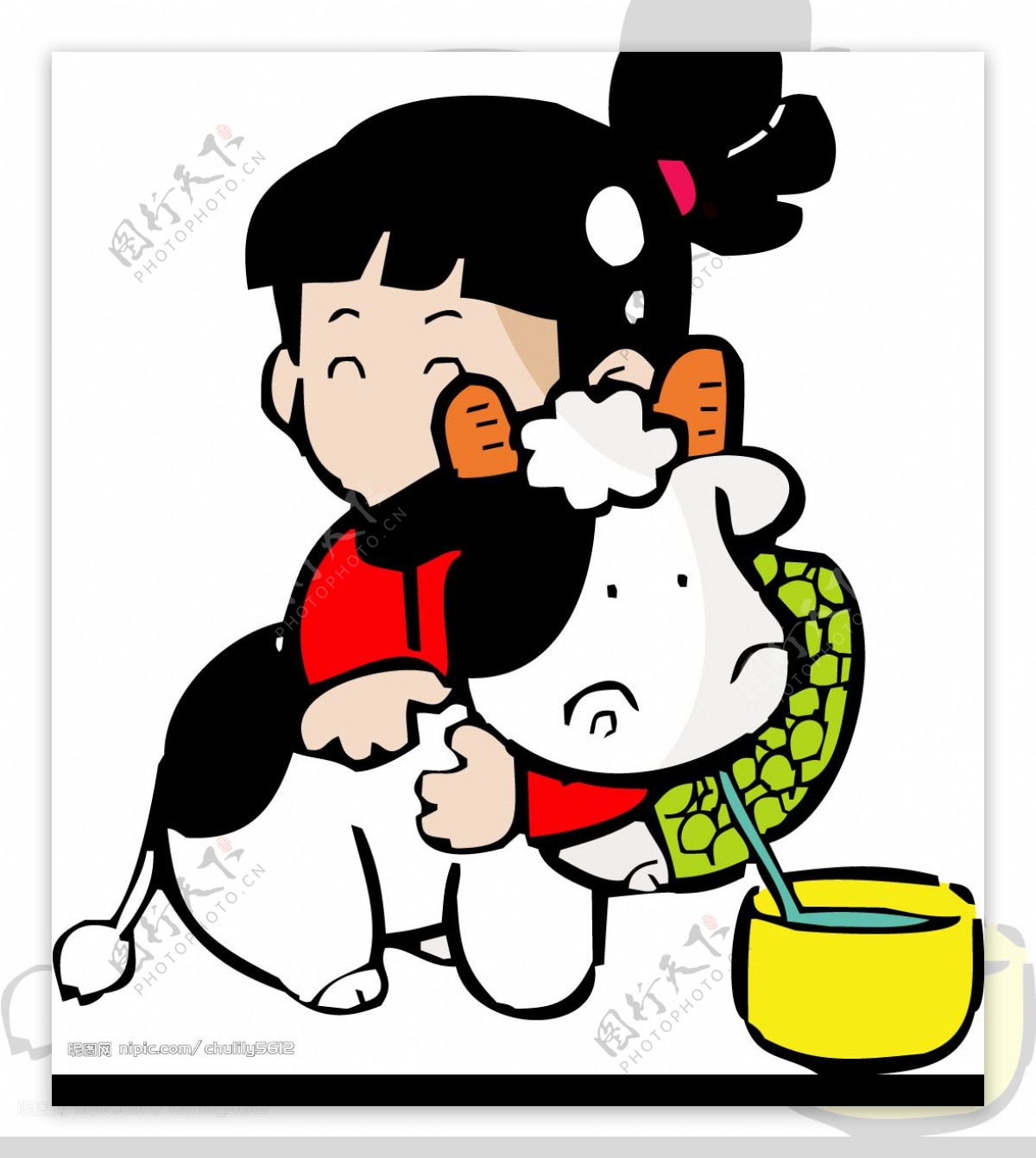 女孩抱小牛喝奶AI图片
