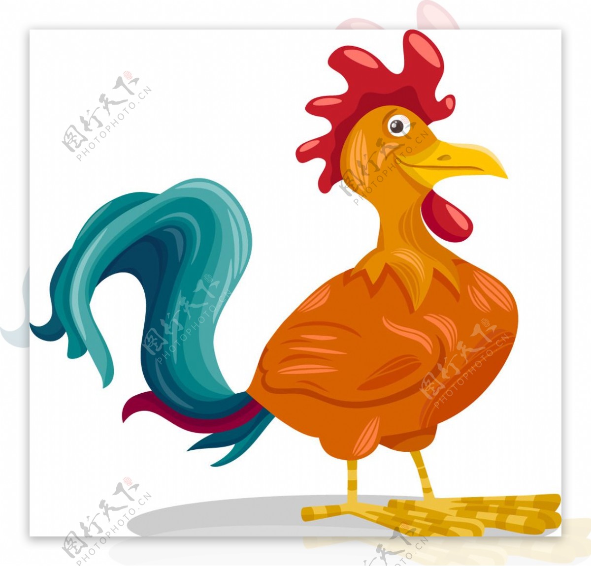 公鸡站卡通矢量图卡通公鸡插画精神抖擞可爱拟人表情矢量动物插画素材多彩的羽毛