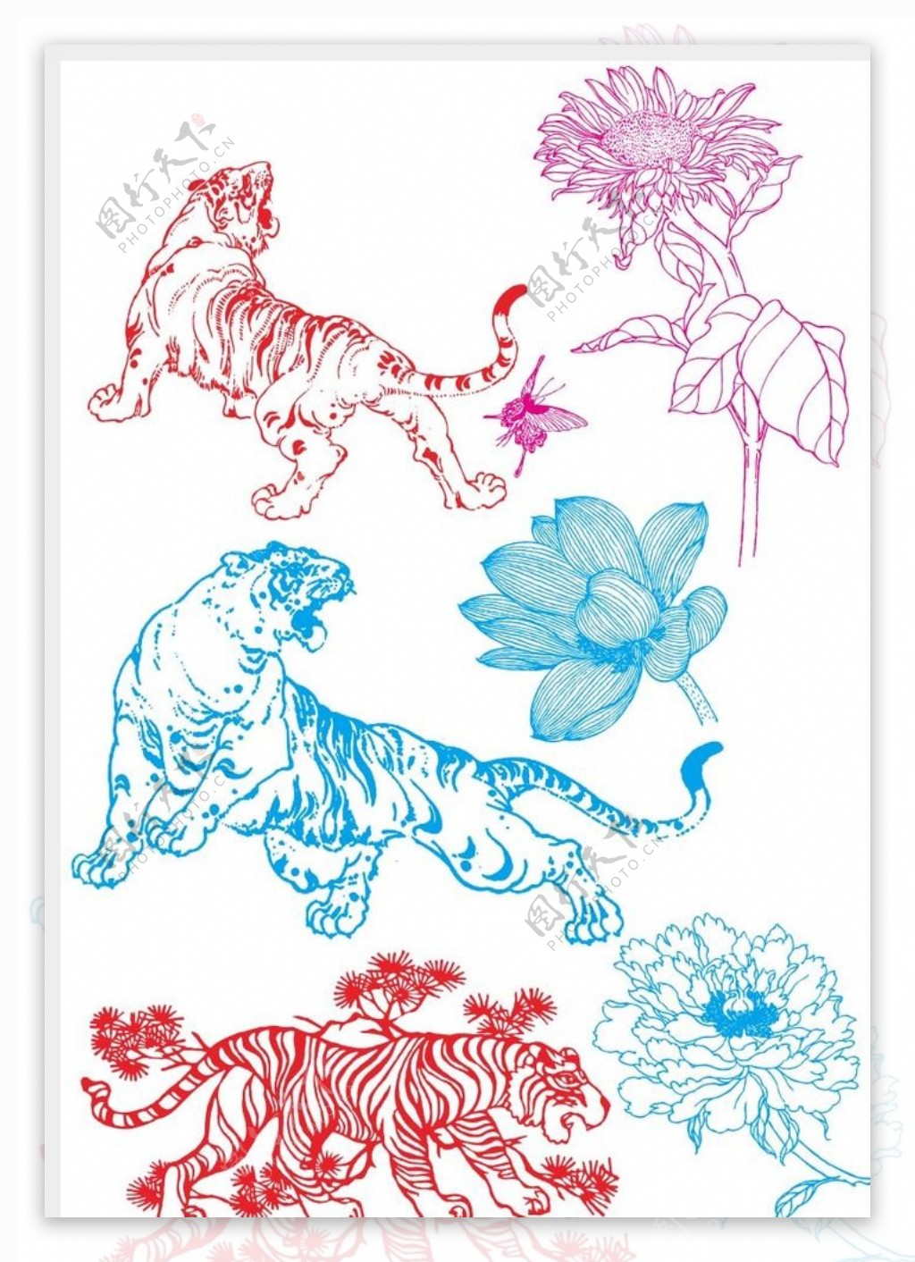 虎和花图案矢量图图片