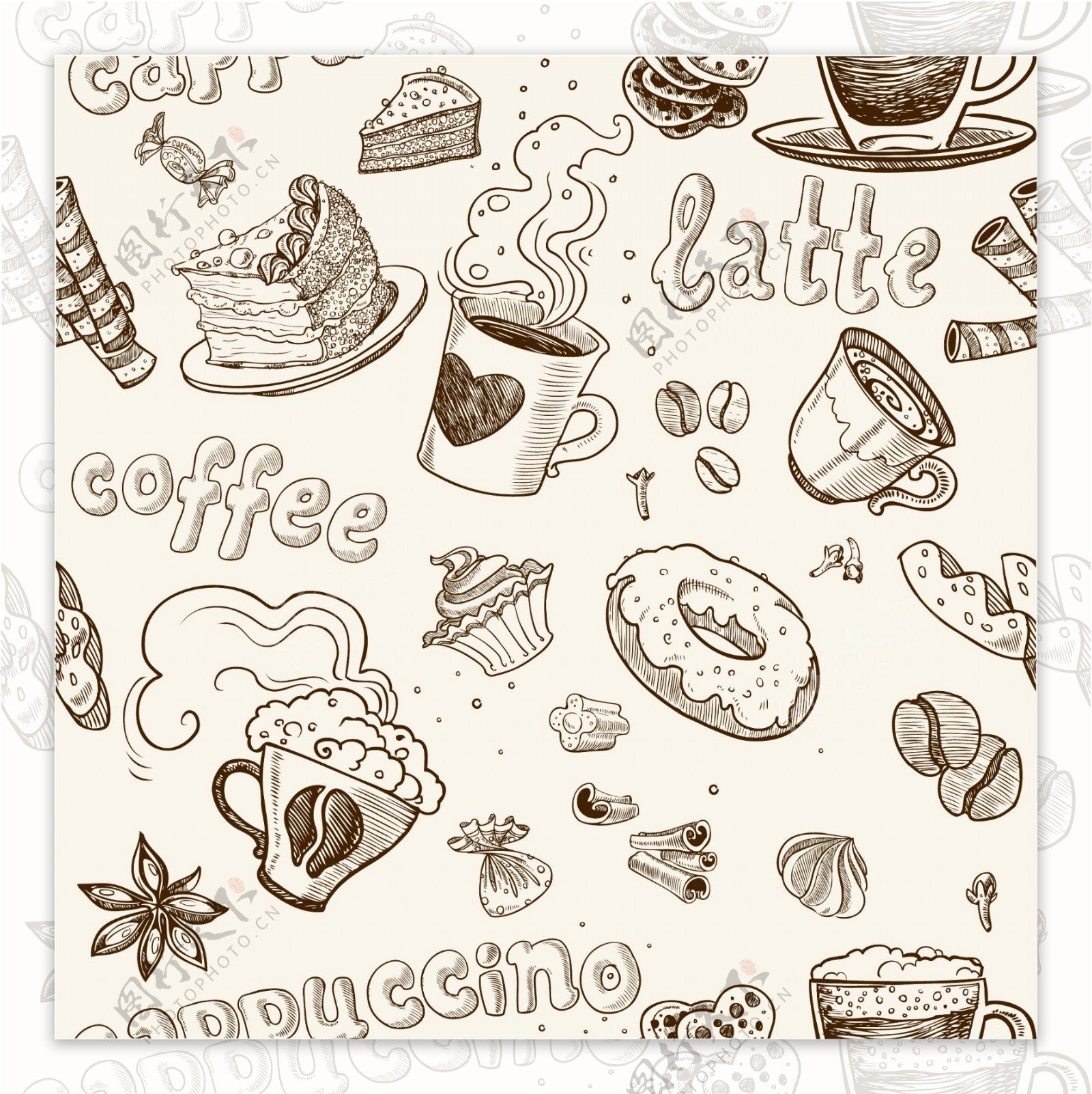 素描咖啡甜点图片