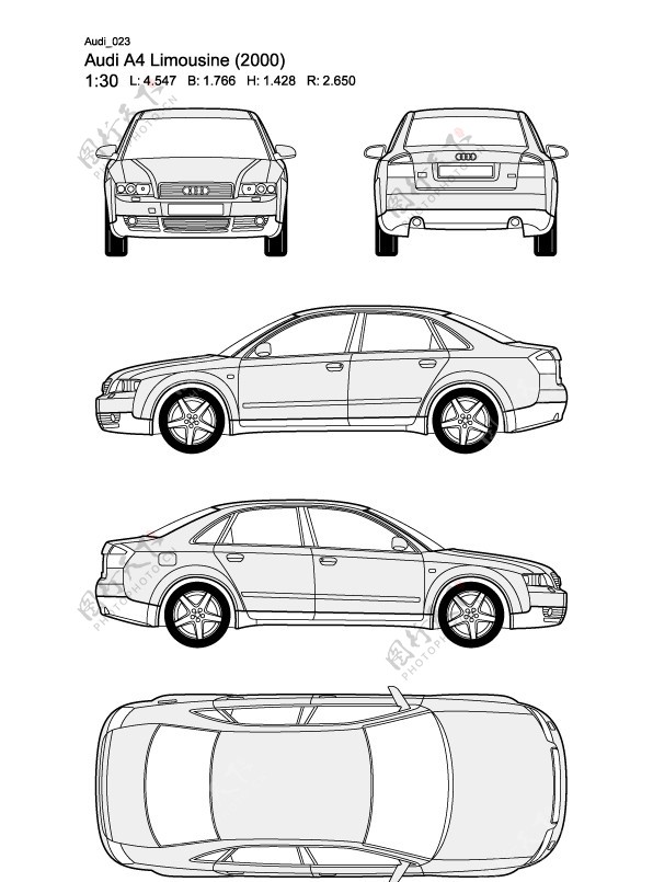 奥迪A4Limousine2000汽车线稿图片