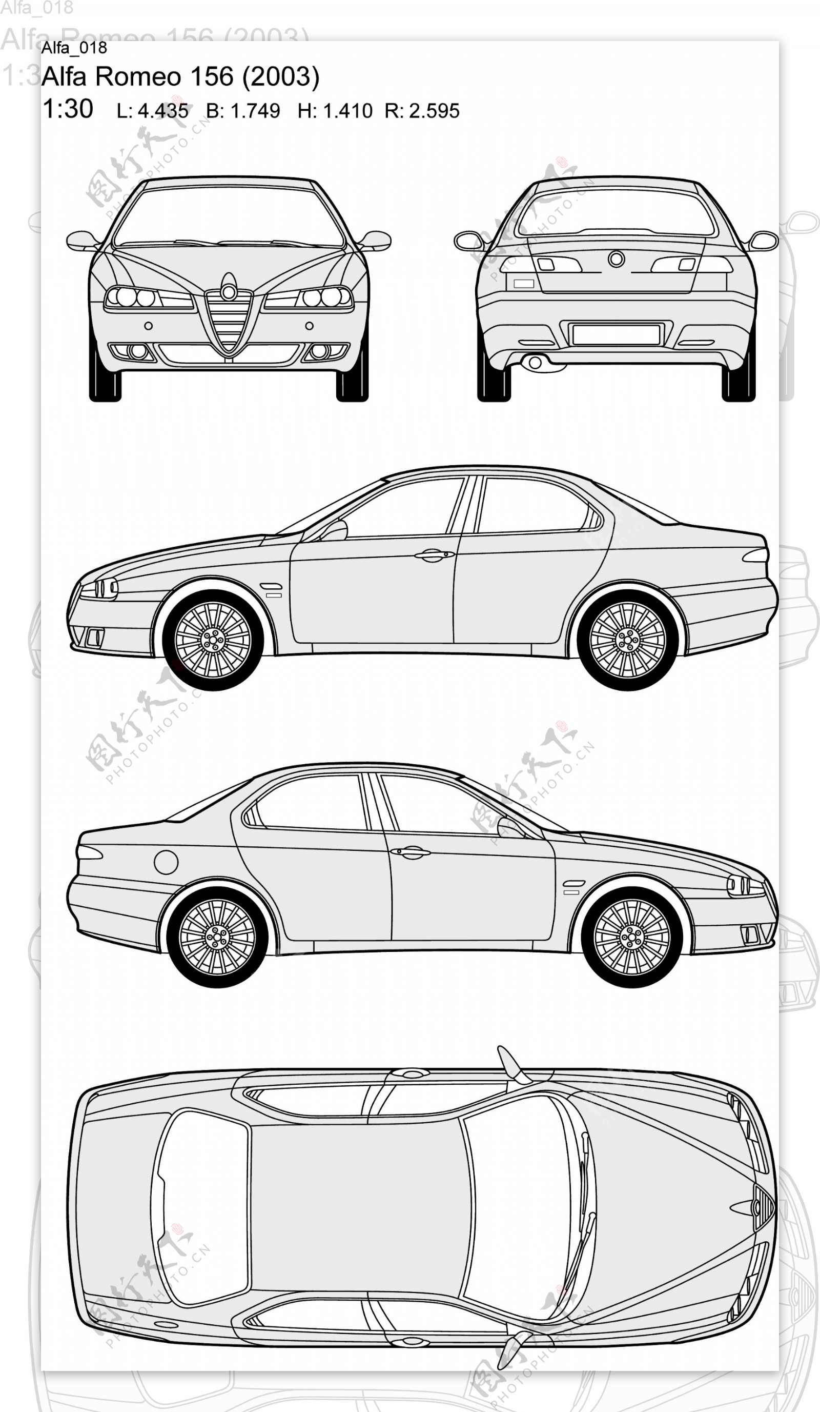 阿尔法Romeo156型2003款汽车线稿图片