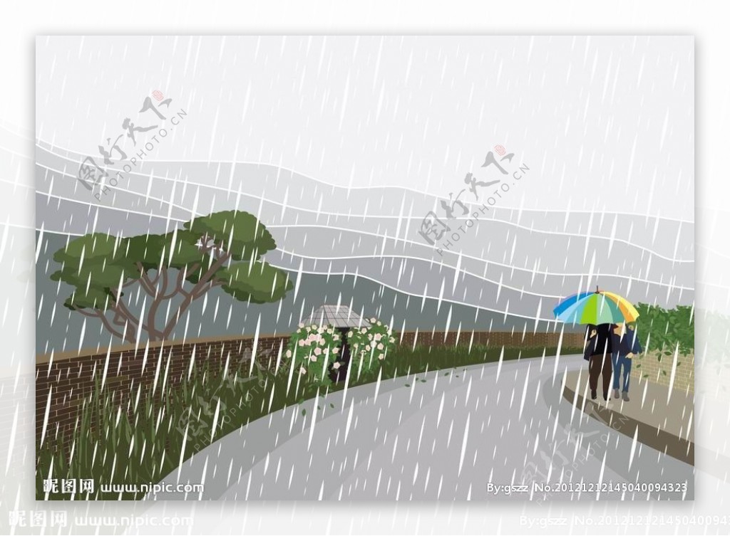 雨天公路边散步的情侣图片